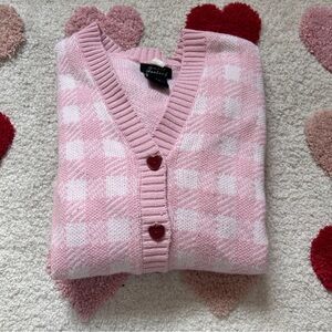 Sweet Society Pink Checkered Cardigan with Heart Pockets Size S